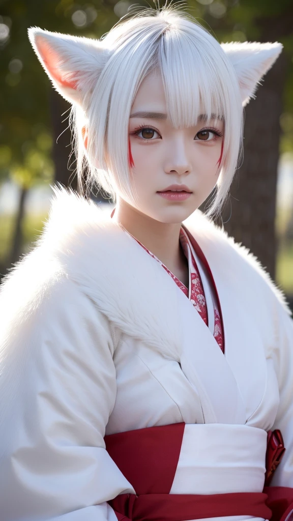 White Demon Fox、Nine-tailed Fox、Japanese women、kimono、Fair skin、Red lines on face、8K、I have short hair