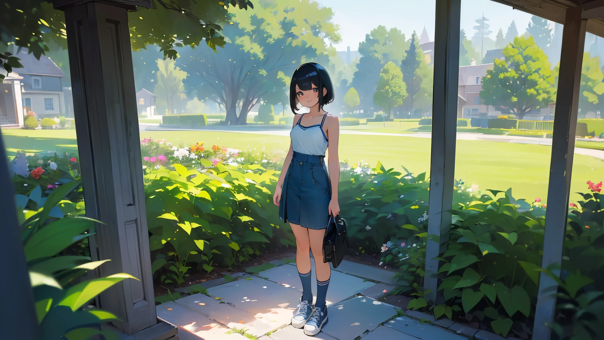 (high quality, High resolution, Very detailed, reality:1.37), Peaceful atmosphere, (Outdoor, garden), Teenage girl standing alone, (my breasts are big.), Beautiful details, Cute Smile, (Black bob hair), camisole, Denim skirt, Blue socks, sneakers.