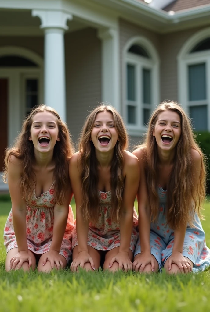 Three female white young s, mouth very wide open and smiling, eyes wide open in a crazed look, long hair, wearing floral sundress, extreme skin detail, ultra realistic, 8k, wallpaper, kneeling on grass in front of house, (viewed from above)