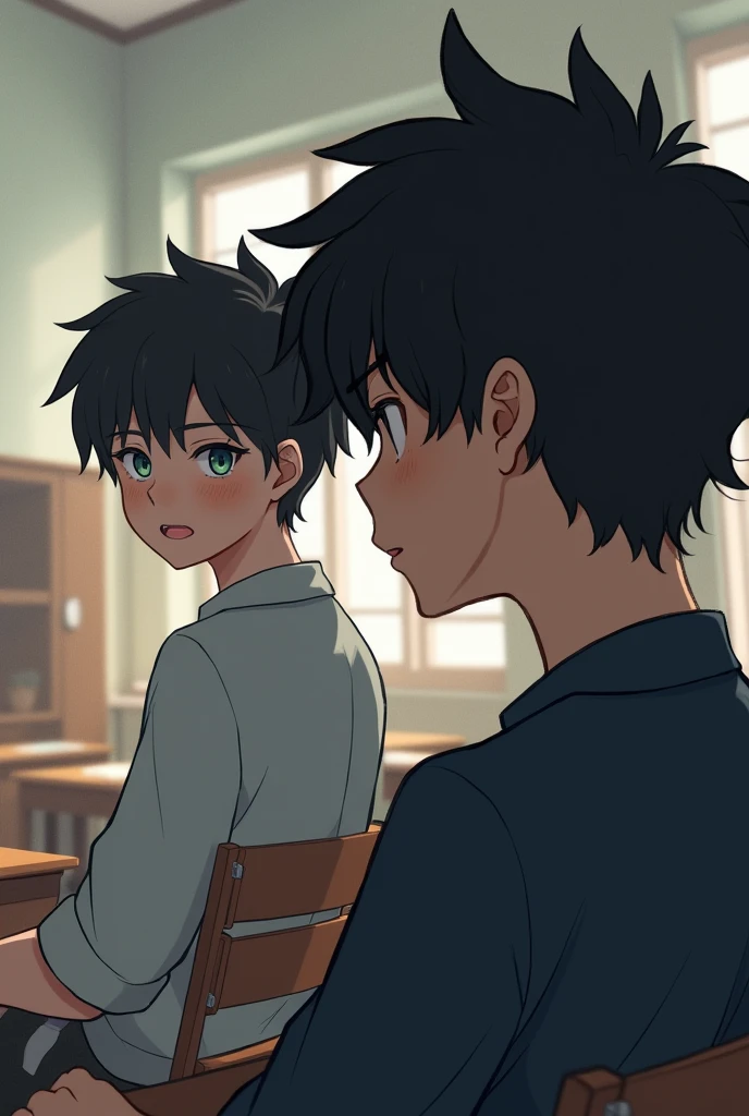 in the background a classroom, Two boys, one with black, wavy hair , and the other more effeminate with pink lipstick, shorter shy, and curly hair