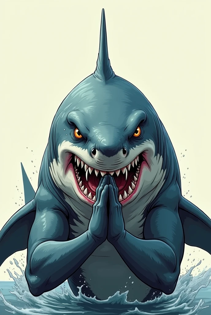Comic image of a sharkrealistis Facing Front With a praying position