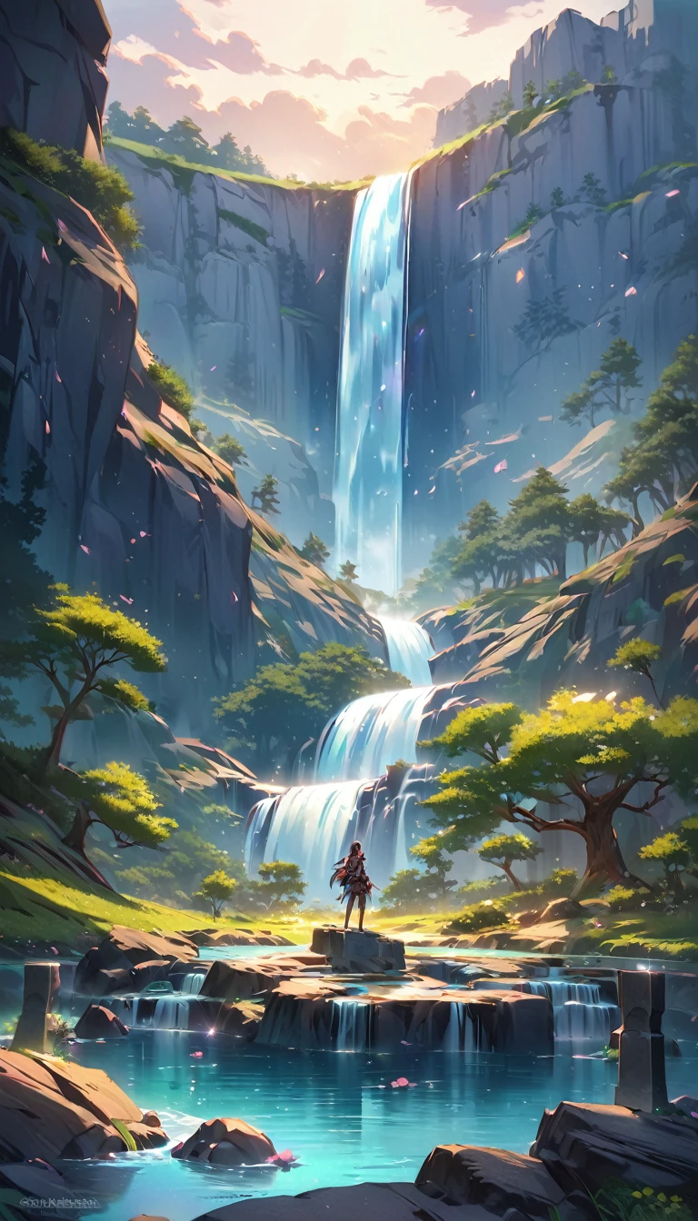 Long desert, sky limpo, cenáRiu, moonligh, stele, high qualiy, anime style artwork, best qualityer, high qualiy, Extremely detailed CG 8k unity wallpaper, paisaje, open air, sky, nube, sky, sin humanos, moutain, paisaje, water, tree, blue sky, waterfall, cliff, naturey, lake, Riu , nubey skies, rewarded photography, bokeh, Depth of field, HDR, blossom, Chromatic aberration, fotorrealism, very detailled, trends on ArtStation, trends at CGSociety, intrikate, high détail, Dramatic, mid-journey art