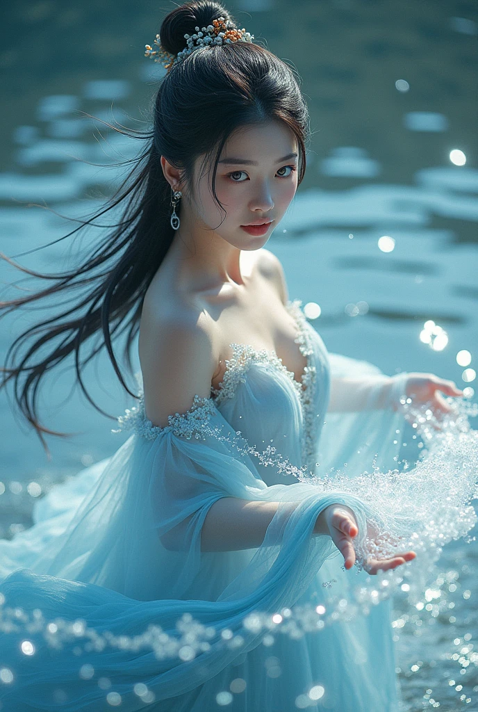 A beautiful Korean woman with one orange eye like fox and one blue eye , near han river controlling the water with magical powers 