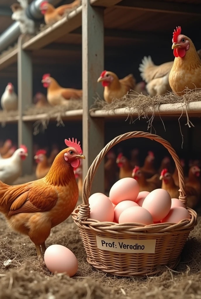 design a shed to house industrial laying hens during the egg production phase, make the nests and there is no need for the light red eggs to appear in the nest, I want them in a basket and place them in this basket with the writing: Prof.: Veredino. Place the birds on the perch, on the ground and on top of the nest.