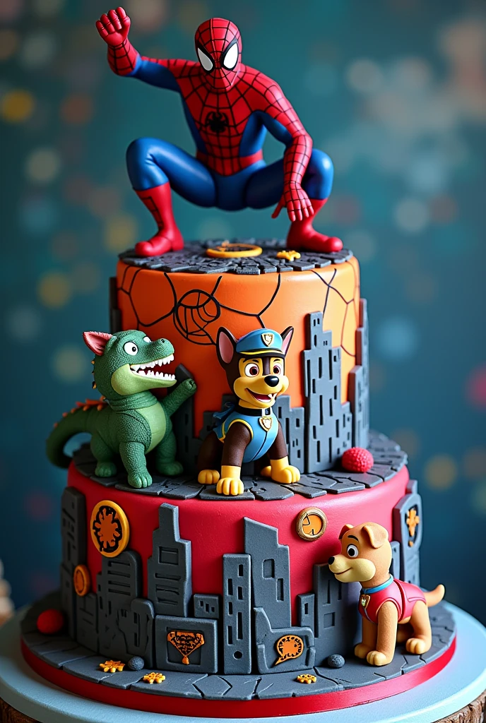 A Spider-Man themed cake that has a Paw Patrol dog fighting a dinosaur