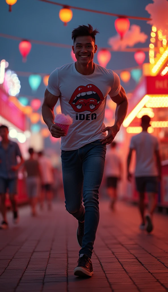 photorealistic, best quality, masterpiece, extremely detailed, sexy, homoerotic, extremely handsome, youthful, 25 year old muscular indonesian man, muscular bodybuilder, fitted graphic print tshirt, tight jeans, big smile, happy, holding out cotton candy towards camera, holding a drink in his other hand, running towards the camera, around funfair carnival, at midnight, ambient lighting, dramatic shadows, extremely romantic atmosphere, perfect face, perfect fingers, perfect hands, perfection