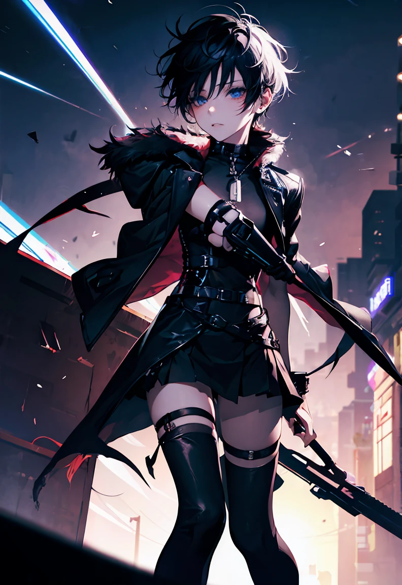 One male character, adult male, bishonen, pretty, handsome, choker, cybernetic inspiration, cyberpunk, alternative fashion, serious angry face, urban setting, cybergoth, night setting, neon lights, medium length hair, black strands of hair, harness