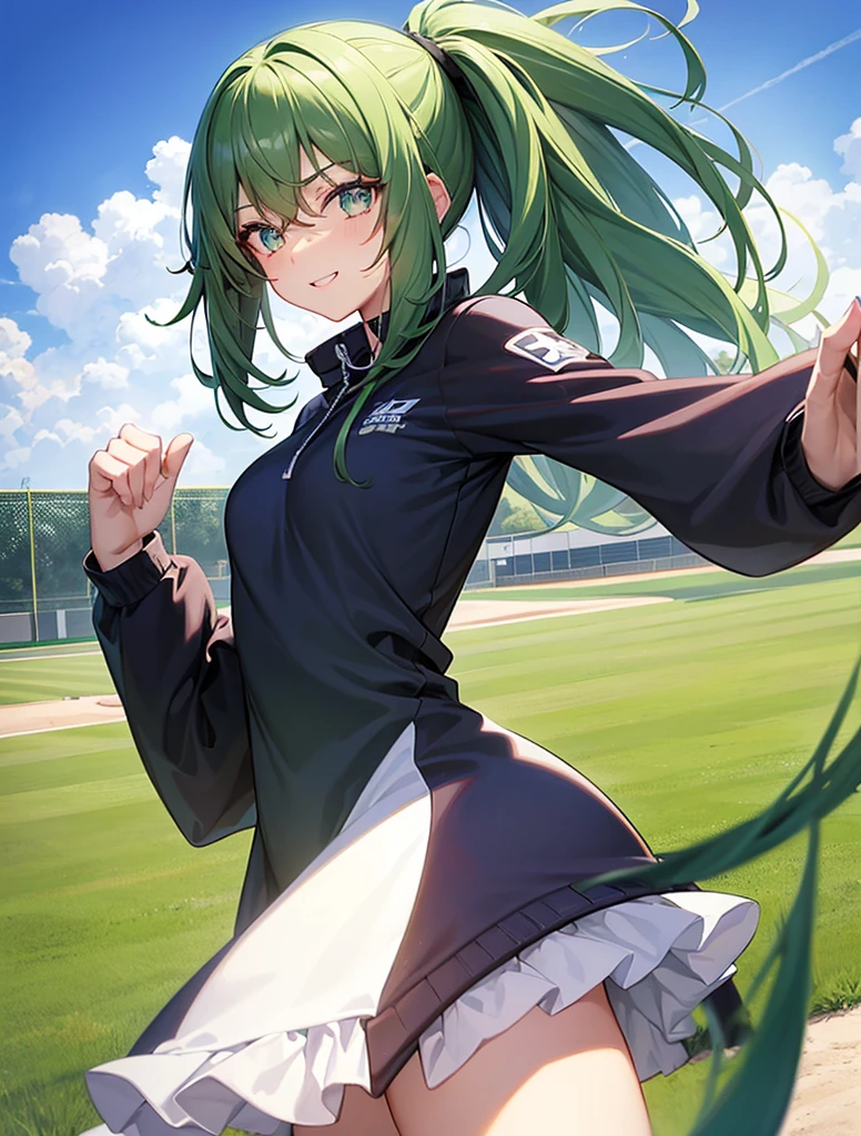 One Girl,.
voluminous dark green hair, dark green hair, long straight hair, big droopy eyes, blue eyes, facing front, mature expression, droopy eyes, jumping, sparkling eyes, focus on face, fresh smile, wearing white hair band, big droopy eyes, blue eyes, five fingers Cheerleader, cheerleader uniform, cheering for baseball team, baseball field in background, five fingers, two hands, slender fingers, focus on face, front view, red eyes, no shadow on background, high quality, no shadow on background high quality