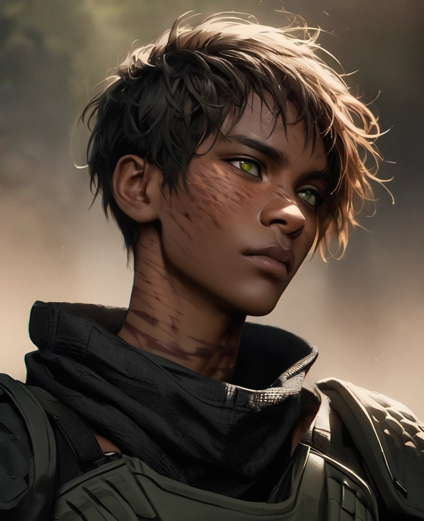 Visable burn scars, hood down, burns going from neck to lower face, masterpiece, best quality, realistic, african man, dark skin, black man, african american, african features, 1man, disfigured, 21 years old, eyes visable, fit, looking worn down, kevlar armor (like swat),african hair, short hair (fade), intimidating, warrior, green eyes, kinky hair, afro-textured hair, short hair, fade (hair)