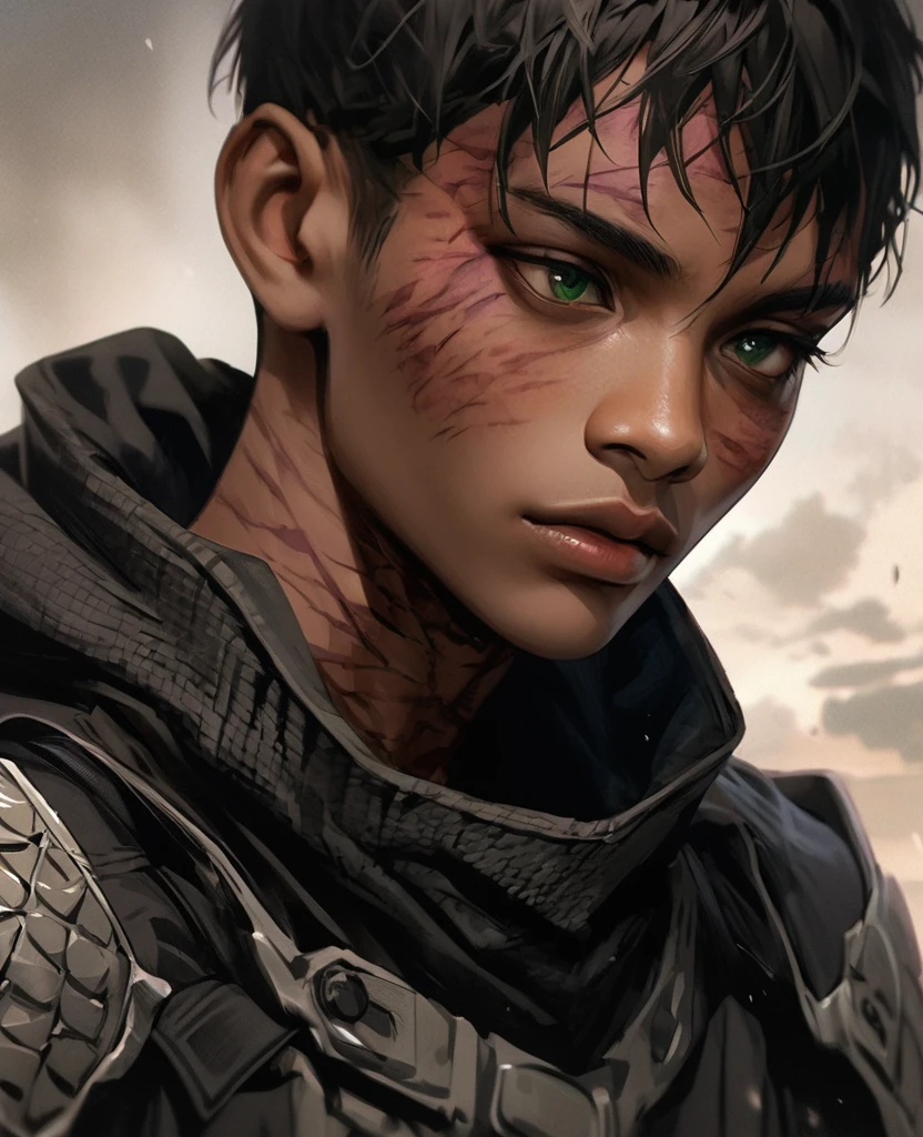Visable burn scars, hood down, burns going from neck to lower face, masterpiece, best quality, realistic, african man, dark skin, black man, african american, african features, 1man, disfigured, 21 years old, eyes visable, fit, looking worn down, kevlar armor (like swat),african hair, short hair (fade), intimidating, warrior, green eyes, kinky hair, afro-textured hair, short hair, fade (hair)