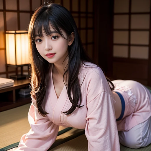 best quality, Delicate face，beautiful visual work, lifelike, eternity, black hair, Long curly hair, blunt bangs, Smile, Detailed Background, Delicate face，blush，cold，((masterpiece))、(top quality)、8k、high detail、Super detailed，41-year-old female，Wearing a yukata, Kneeling on the tatami, masterpiece、born、Scenes resembling fairy tale illustrations、intricate details和複雜的設計、Beautifully、magic、capricious、 Beautifully、Dream aesthetics、「𝓡𝓸𝓶𝓪𝓷𝓽𝓲𝓬、ethereal、charming、fickle、magic」、realism、Visual effects、FXAA、SSAO、Shader、voiceless、ambient lighting、Tone mapping、High resolution、Ultra high quality、Million pixels、(8K resolution:1.10)、8k、8k以下、8K resolution、high detail、intricate details， (high quality:1.2、masterpiece:1.2、:1.21)、(41-year-old female:1.21)、(興奮地Smile)、(Surrounded by a dreamy atmosphere、Model diagram，full-body shot，Normal 2 feet，Put your hands behind you，The protrusion of the breast is visible when wearing clothes, Large Breasts, H cup chest, pink clothes, Don&#39;t show your fingers, full-body shot， full-body shot，full-body shot，full-body shot，full-body shot，full-body shot，full-body shot，full-body shot，hands hidden in clothes, hands hidden in clothes,hands hidden in clothes,hands hidden in clothes,hands hidden in clothes,hands hidden in clothes,hands hidden in clothes,hands hidden in clothes,hands hidden in clothes, ,hands hidden in sleeves ,hands hidden in sleeves ,hands hidden in sleeves ,hands hidden in sleeves ,hands hidden in sleeves ,hands hidden in sleeves ,hands hidden in sleeves ,hands hidden in sleeves, arms behind back, arms behind back,Pink and white yukata with flower pattern, Pink and white floral pattern yukata, Yukata with cherry blossom pattern on it, White yukata with cherry blossoms printed on it, In Sakura Tree Park, Maruyama Park in Japan is full of cherry blossoms