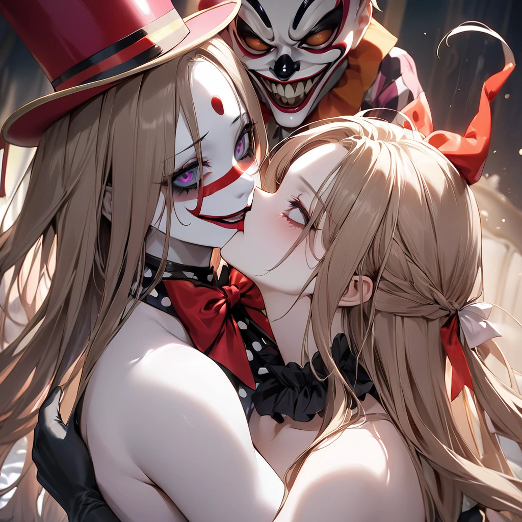 ((Highest quality)), ((masterpiece)), (detailed), （Perfect Face）、((The woman is Yuuki Asuna, with light brown, medium-long hair, pure white skin, and a creepy clown mask.))、The woman is a creepy, evil clown wearing rubber long black boots, rubber long black gloves, a clown collar, a clown jester hat, creepy clown face makeup, and a red nose.、The woman is a creepy, evil, lewd clown who is a minion of an evil organization.、The woman gives her soul to the head clown and becomes his destined wife. The couple embrace each other naked, kiss and have sex.、The woman is the eternal clown wife of the naked ringmaster clown, and they have sex and make love, inserting her husband&#39;s dick into her pussy and ejaculating a lot.