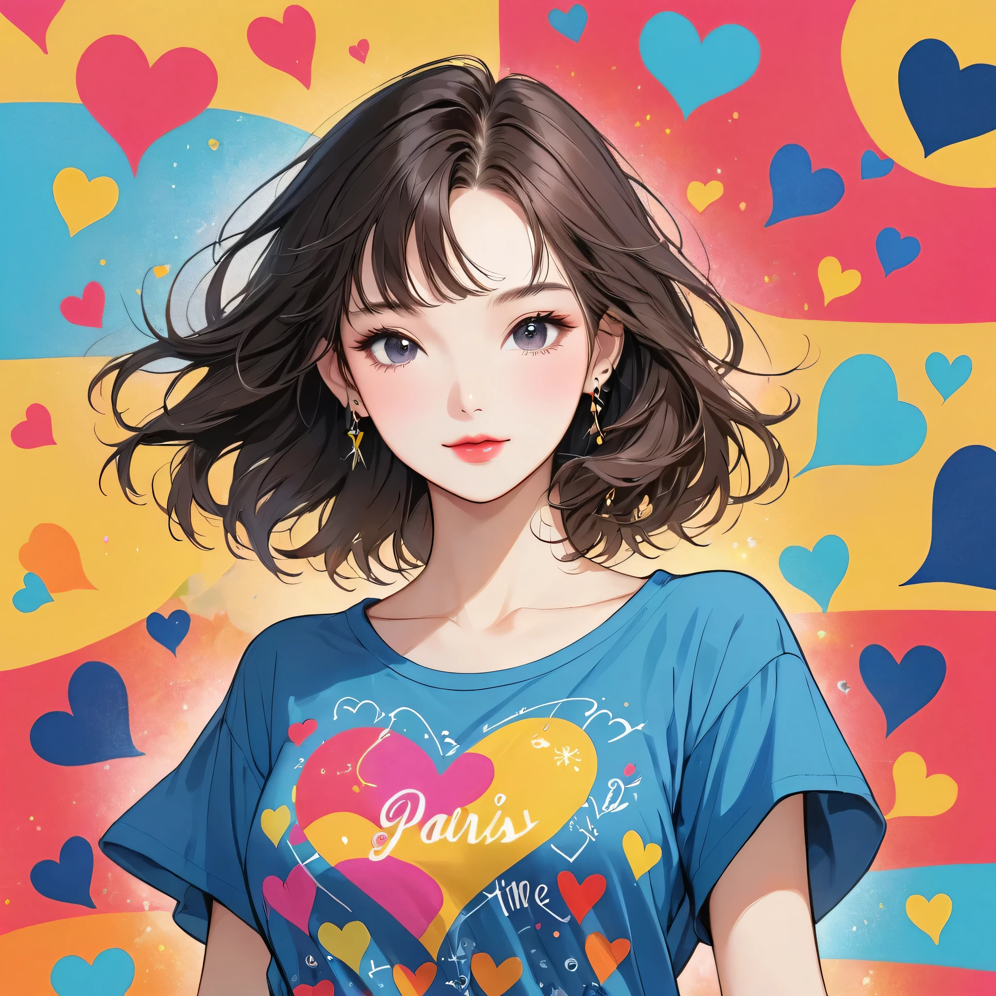 Keith Haring colorful style, Simple Line Initialism，Abstract art，(((The most beautiful girl of all time))), Sweet face. Lips in love, colorful hearts, stylish design, 夏のオシャレなTシャツ, 黒い瞳, walking, Paris