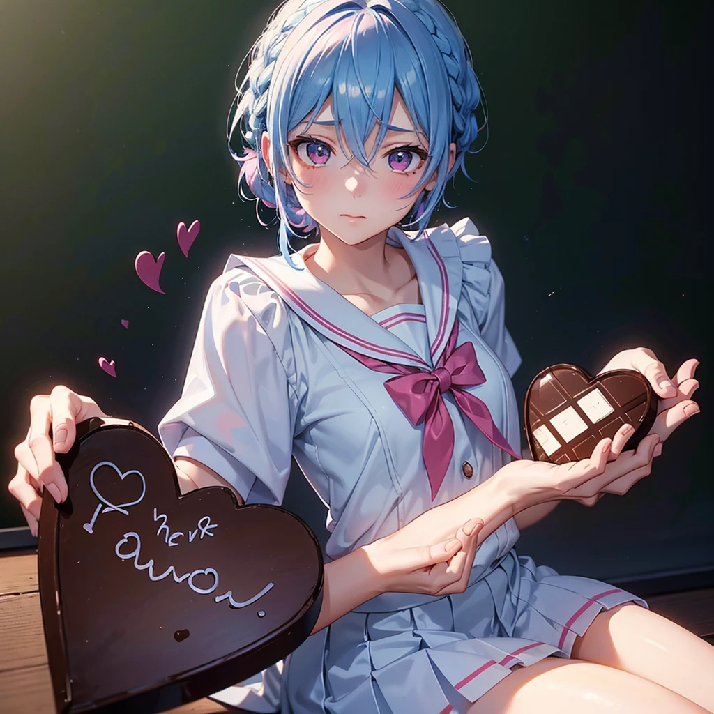 Sky blue hair,Braided short hair,Pink Eyes,Fair skin,whole body,one person,Embarrassed,The background is a school classroom,((I love you lettering on a blackboard)),(Heart-shaped chocolate),((Hands it forward with both hands:1.2)),Sailor suit,valentineday,masterpiece, Highest quality, Very detailed, Best Shadow,Detailed Background,Beautifully detailed face,High Contrast,Best lighting,Very delicate and beautiful,Cinematic Light,Hyper Detail,8k,Dramatic Light, Intricate details,