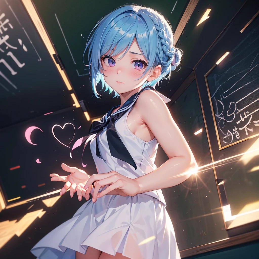 Sky blue hair,Braided short hair,Pink Eyes,Fair skin,whole body,one person,Embarrassed,The background is a school classroom,((I love you lettering on a blackboard)),(Heart-shaped chocolate),((Hands it forward with both hands:1.2)),Sailor suit,valentineday,masterpiece, Highest quality, Very detailed, Best Shadow,Detailed Background,Beautifully detailed face,High Contrast,Best lighting,Very delicate and beautiful,Cinematic Light,Hyper Detail,8k,Dramatic Light, Intricate details,