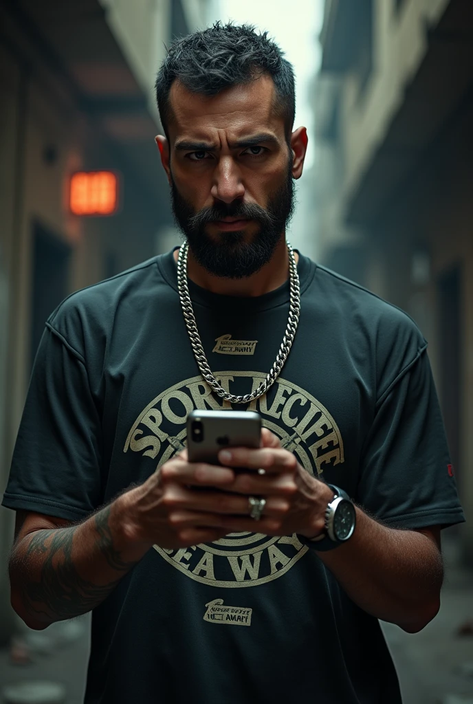 Make a hoodlum man with a silver chain and iPhone and a Sport Recife and Seaway shirt