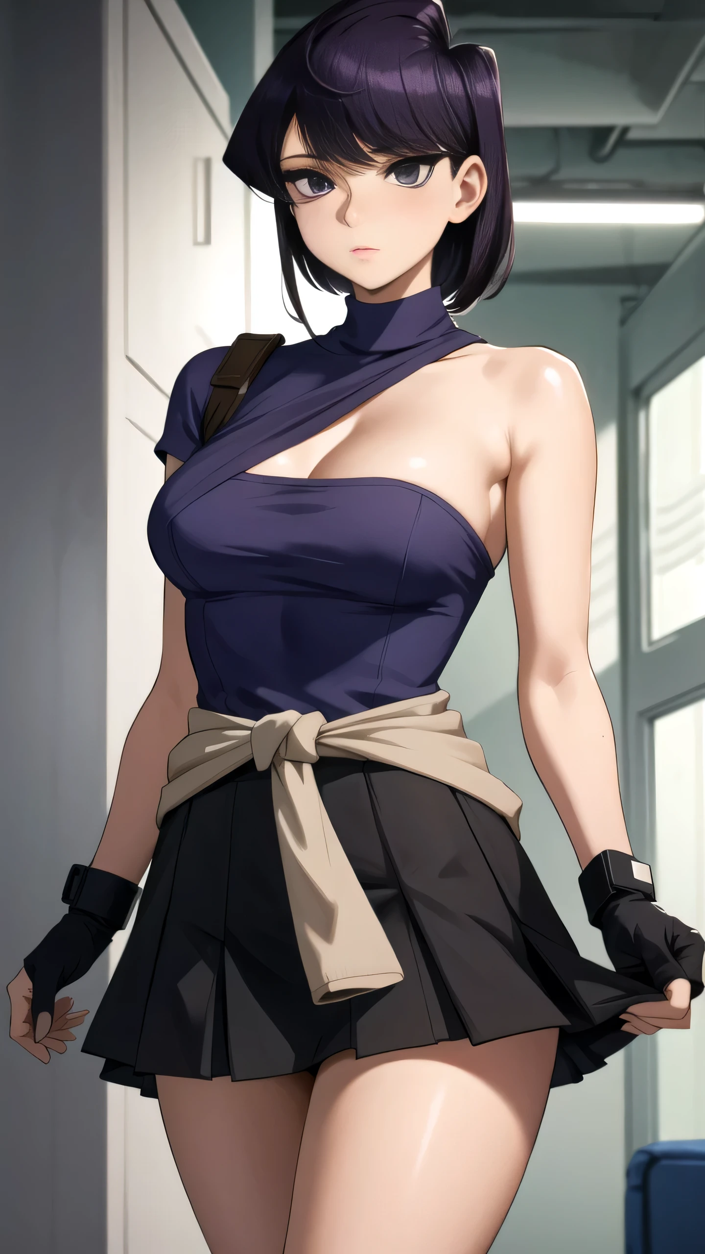 Zirle, Komi Shouko wearing a Jill Valentine cosplay, 1 girl, chest, arms, gun, skirt, cleavage, Clothing around the waist, purple eyes, fingerless gloves, gloves, short hair, zombie, purple hair, clock, pencil skirt, sweater around waist, large chest, holding, wristclock, strapless, holding arms, miniskirt, holding gun, handgun, Tube top, black skirt, looking at the viewer, brown hair, lips, boots, focus only, sweater, monster, Are standing