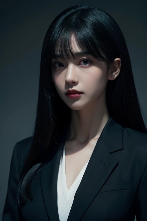 a woman with large black eyes, glowing aura, long black hair with bangs, high quality, wearing a suit, intricate details, photorealistic, 8k, masterpiece, dramatic lighting, cinematic composition, hyper realistic, chiaroscuro, dark moody atmosphere, dramatic shadows, elegant, sophisticated, powerful, confident expression
