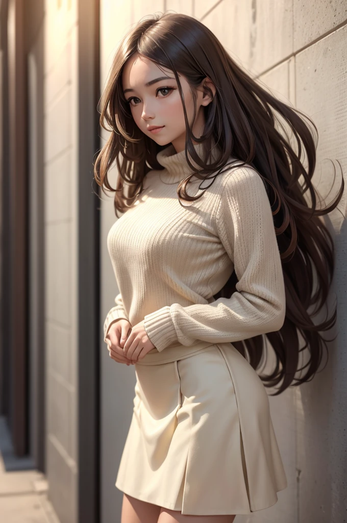 A stunning masterpiece of a high-res portrait of a beautifully detailed girl with long, shiny brown hair and mesmerizing green eyes, wearing a cozy sweater and flashing a gorgeous smile that accentuates her small yet perfectly-formed breasts, nsfw.