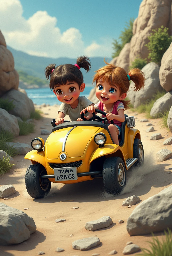 Two girls playing in a one-person car, but a climb at the helm and another in the seat going down a hill of stones 