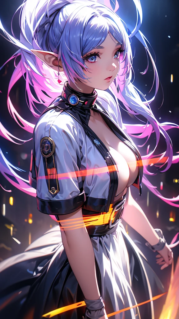 1 person, 20-year-old girl, One person, (Silver Hair), Long pointed ears、Elf、(Gradient sky blue hair tip:1.6), hair, Ridiculously long hair, Single Side Lock, Wavy Hair, Shine髪, Floating Hair, (Fantastic deep purple eyes), Delicate eyes, Aqua Eye, Very fine eye, Long upper eyelashes, ((Glowing Eyes)), compensate, Focus on the face, Highly detailed facial, Pretty face, Perfect breasts, Hot body, (Delicate skin texture:1.2), break, White extra long skirt, Fashion Clothing, necklace, Technical clothing masterpiece, on the road, Gazing at the starry sky, meteor, cyber punk, Detailed Background, The perfect layered cut, clean focus, (magazine:1.3), (Cover Style:1.3), Octane Rendering, Tyndall effect, Real, Dark studio, Side light, 2-color illumination, realism, Chiaroscuro, (Shine光), Shine, Ray Tracing, Cinema Lighting, Futurism, Motion Blur, Atmospheric perspective, Depth of written boundary, Bokeh, Highest quality, 超High resolution, Super Detail, masterpiece, High resolution, Accurate, retina, Anatomically correct