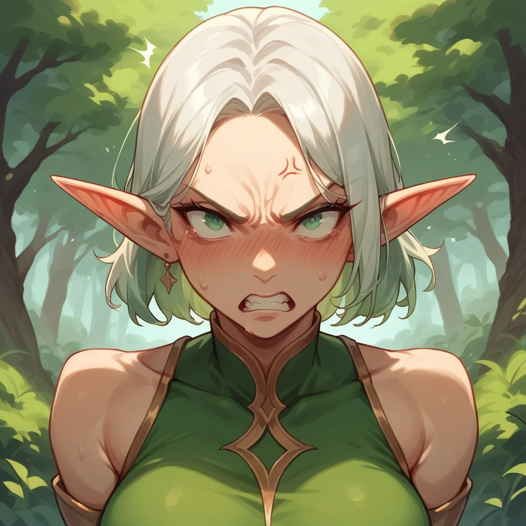 elf woman, angry with a blushing face, In the background a forest with many trees
