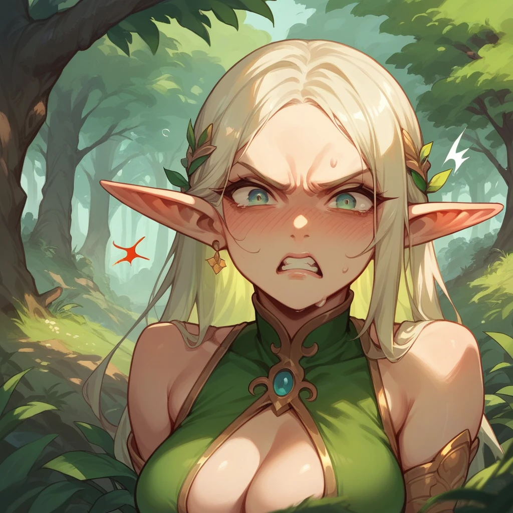 elf woman, angry with a blushing face, In the background a forest with many trees 