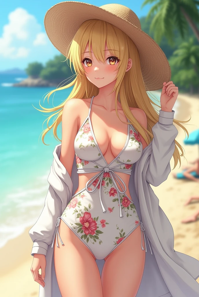 Best quality, detailed, 4k, master piece, (photoanemism:1.2), beautiful anime girl, blonde hair, long hair, at Beach, Straw hat, fashionable white flowery swimsuit with unique design, jacket tied around the waist , Long angle that focuses on the girl, special effects, fashionable pose, take reference: https://www.cdjapan.co.jp/product/NEOGDS-407642