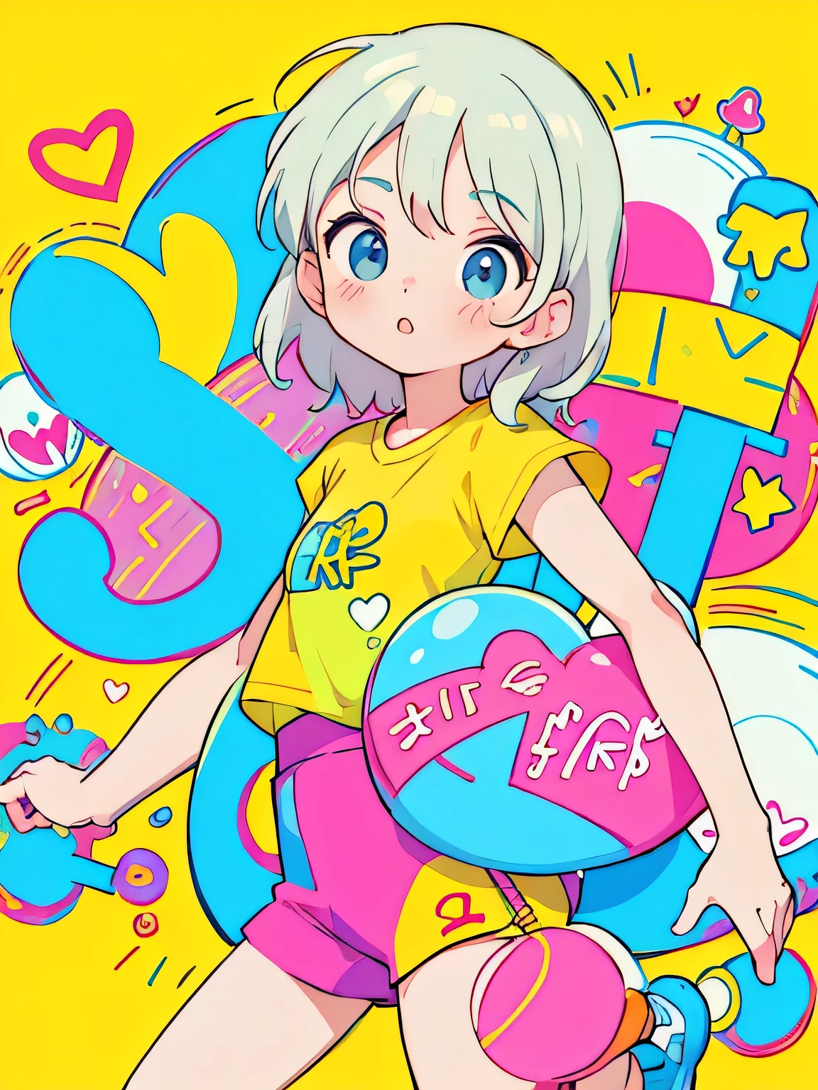 Keith Haring colorful style, Simple Line Initialism,Abstract art,(((The most beautiful girl of all time))), Sweet face. Lips in love, colorful hearts, stylish design, 夏のオシャレなTシャツ, 黒い瞳, walking, Paris