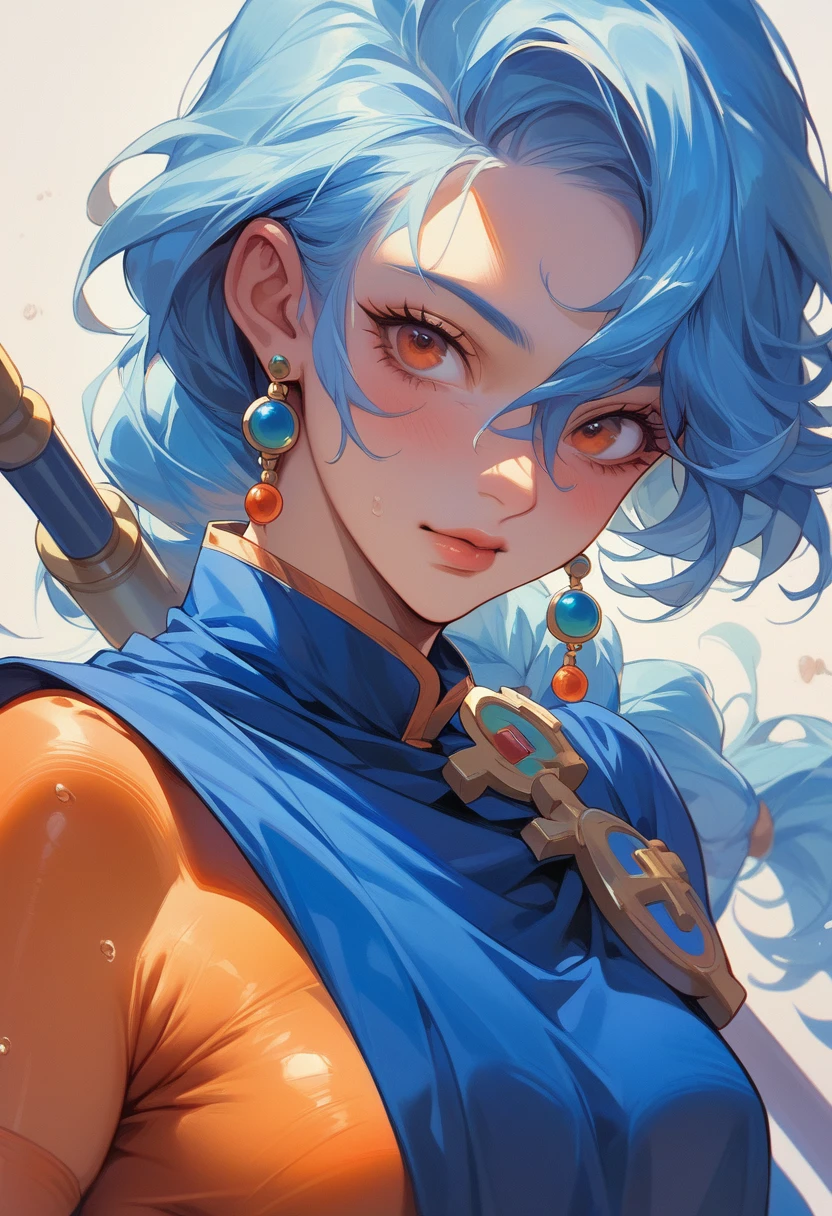 Perfect、Alone、female、美female、sauce_game、Dragon Quest 3、Monk、Perfect looks_(Light blue hair、Orange bodysuit、Blue priest's robes、Yellow cross、Large Breasts)、(Being attacked by tentacle monsters:1.9)、(Lost the battle:1.3)、Lying face up、(shame:1.4)、(Dirty clothes:1.3)、(Clothes with holes:1.2)、Masterpiece、Professional work、Professional Lighting、Detailed face and eyes、Naughty illustrations、(nsfw:1.5)