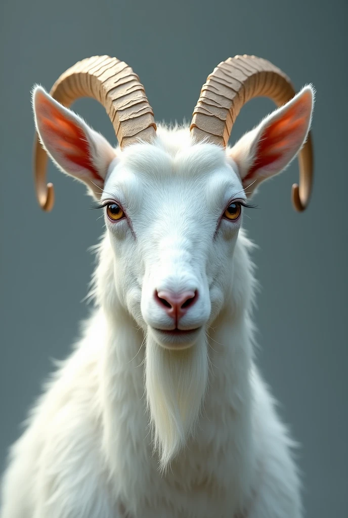 A beautiful, detailed portrait of an anthropomorphized female white mountain goat, close-up bust shot, exquisite detail, delicate beauty facial features, large expressive beauty eyes, detailed white goat nose and lips, detailed white goat ears, detailed white goat horns, elegant and graceful, soft fur texture, natural lighting, muted color palette, serene and tranquil atmosphere, realistic, photorealistic, masterpiece, high resolution, best quality