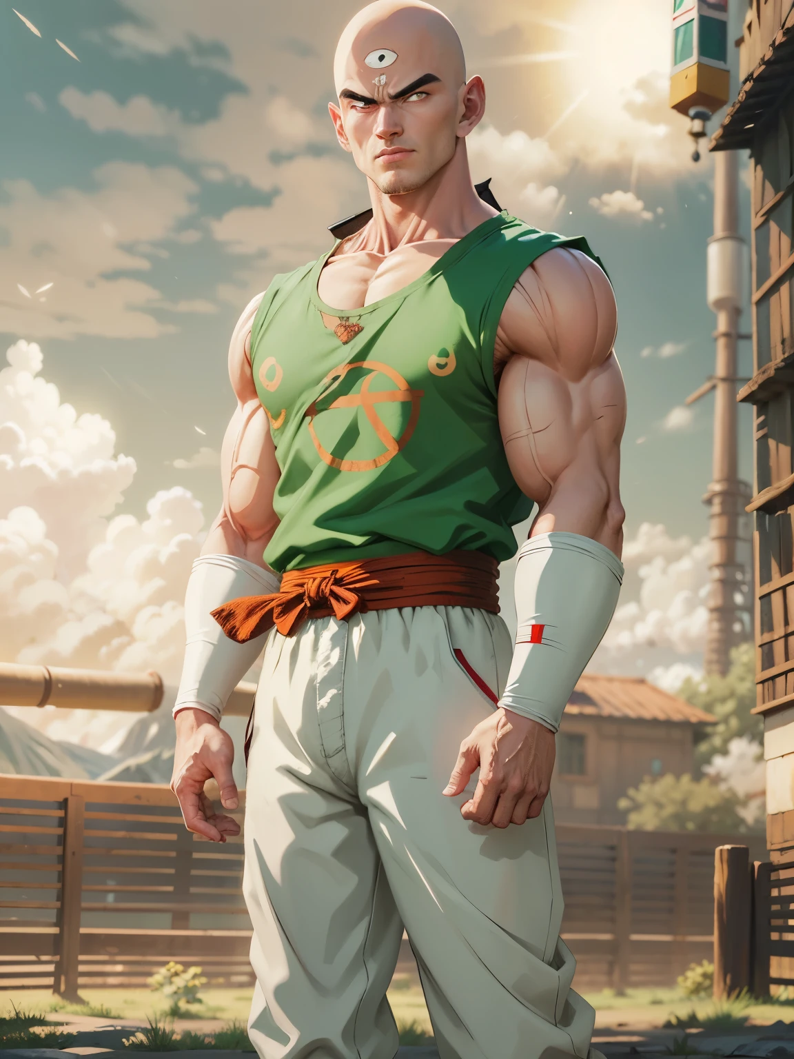 (masterpiece:1.2, Highest quality:1.2), professional lighting, cinematic lighting, 8K wallpaper, ultra high resolution, alone, Anime Coloring, ultra realistic & detailed portrait of Tenshinhan, Cowboy Shot, (((Third Eye))), White T-shirt, Red sash, Green long Pants, Green wristband, bald, skinhead, outside,