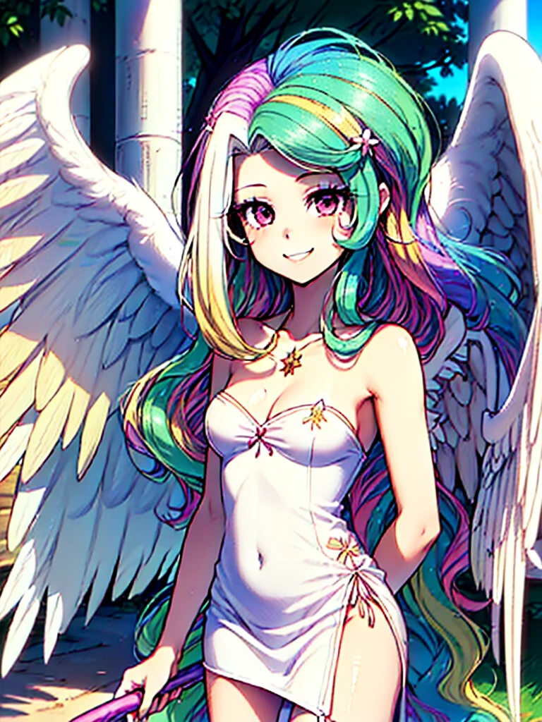 great quality ++ Extremely detailed high resolutionolution, very aesthetic, expressive eyes, (((perfect face))), (((face symmetrical))), ((good anatomy)), (((perfect hands))), (((8k))), UHD, HD wallpaper, (((detailed high cal, (((((1girl)))))), only, masterpiece, The best quality, high resolution, Highly detailed, (illustration), beautiful detailed eyes, (((combatant))), (((1girl))), ((((fulll body)))), (((((((irisviel von einzbern)))))), (((((smile))))), ((humanized princess celestia)), Celestia, Celestia de My Little Poni, Celestia in milf form, long wavy hair, (((red eyes))), (((strapless tube dress))), (((white dress))), (((white pony ears))), (((((wings))))), (((Detailed fingers))), Precise fingers, Not unnatural hands, strange eye, Greek columns, exterior, beautiful majestic forest, vine leaves surrounding the columns, flower bushes everywhere, clear sky, bright sunny day, ((((Multicolored Hair))), heavenly forest, U V