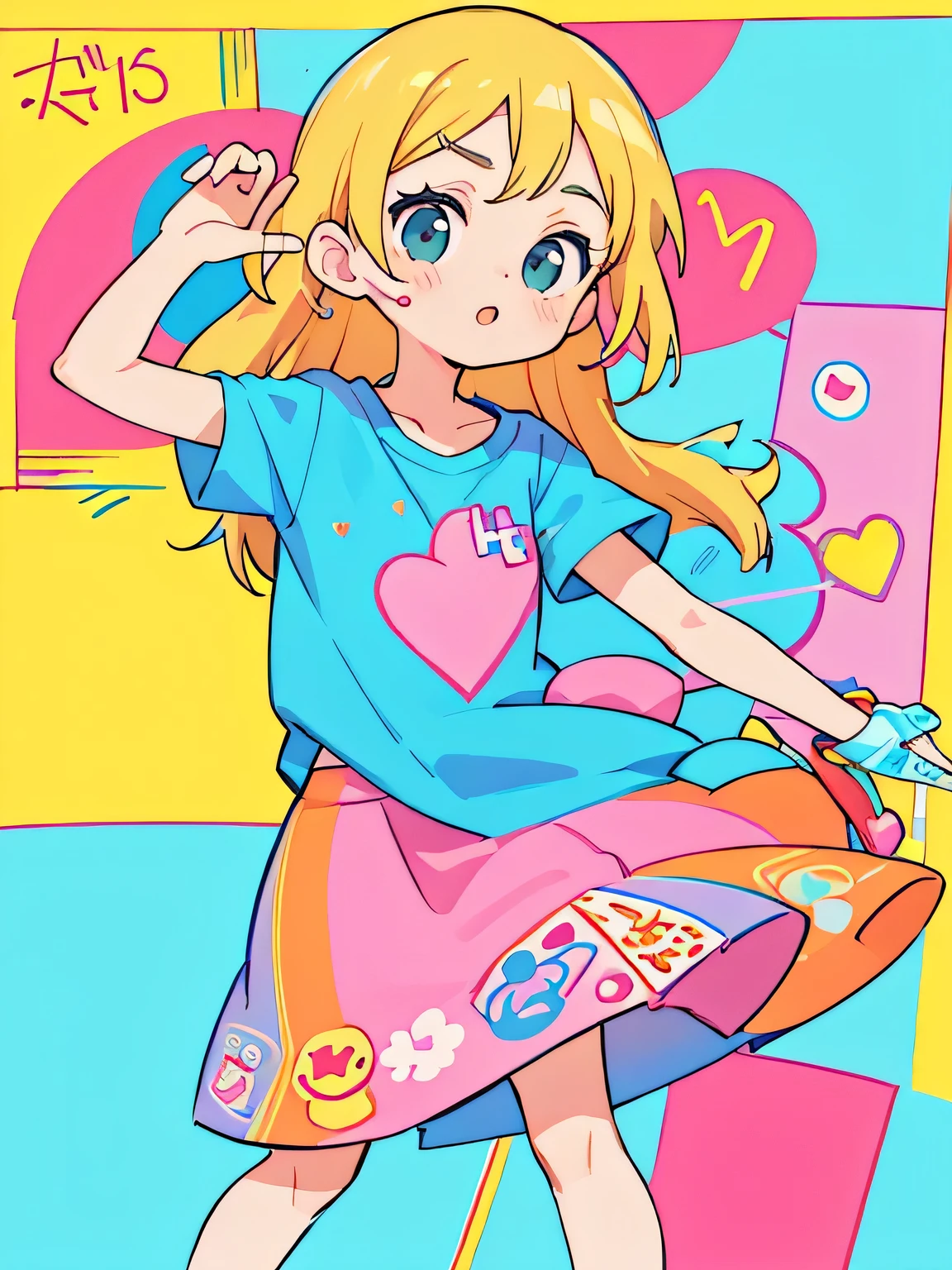 Keith Haring colorful style, Simple Line Initialism,Abstract art,(((The most beautiful girl of all time))), Sweet face. Lips in love, colorful hearts, stylish design, 夏のオシャレなTシャツ, 黒い瞳, walking, Paris