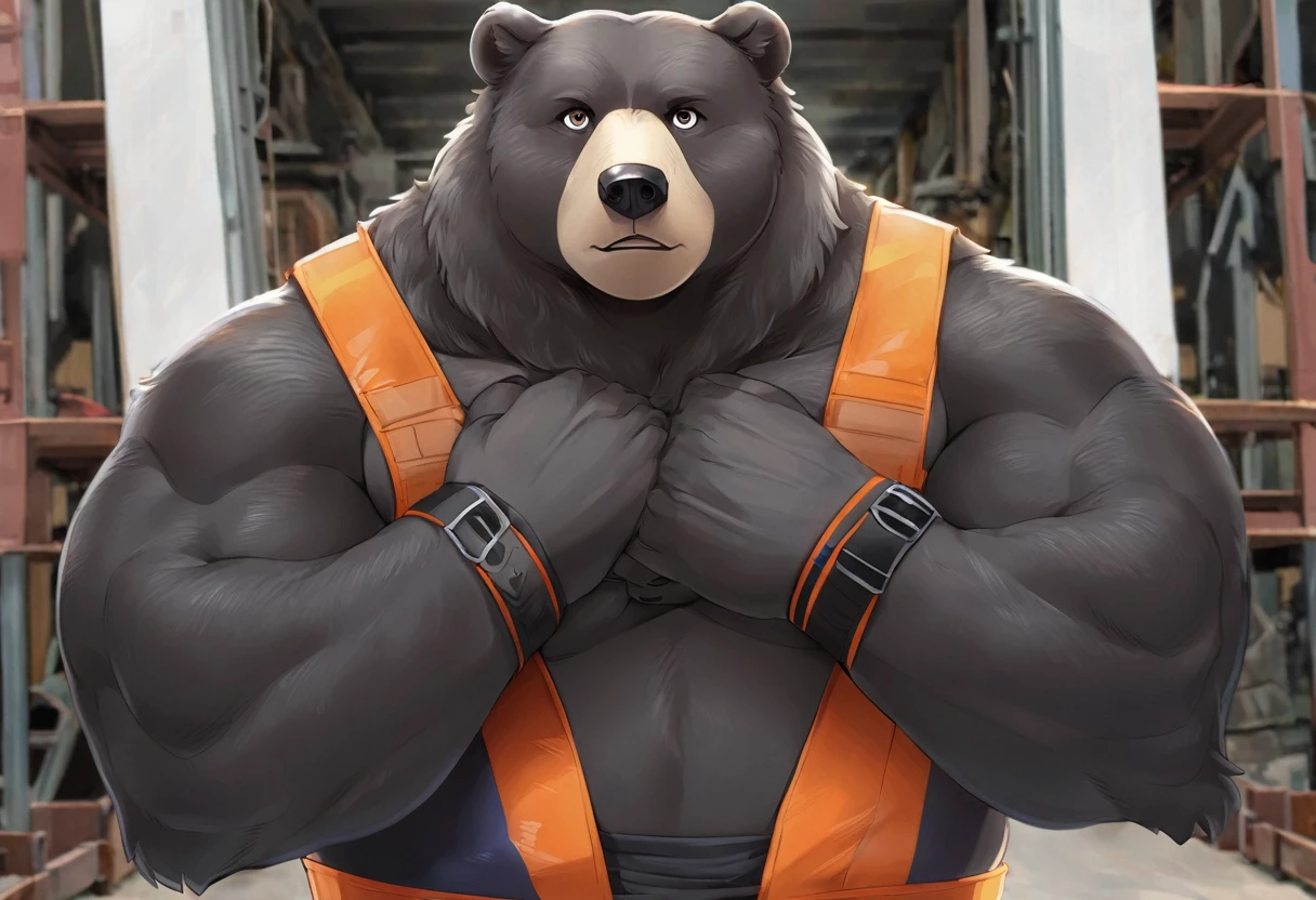 Black Bear，personification，Strong Man，Worker, (((front pose))), looking to viewer, bust up, hand on wrist, full body