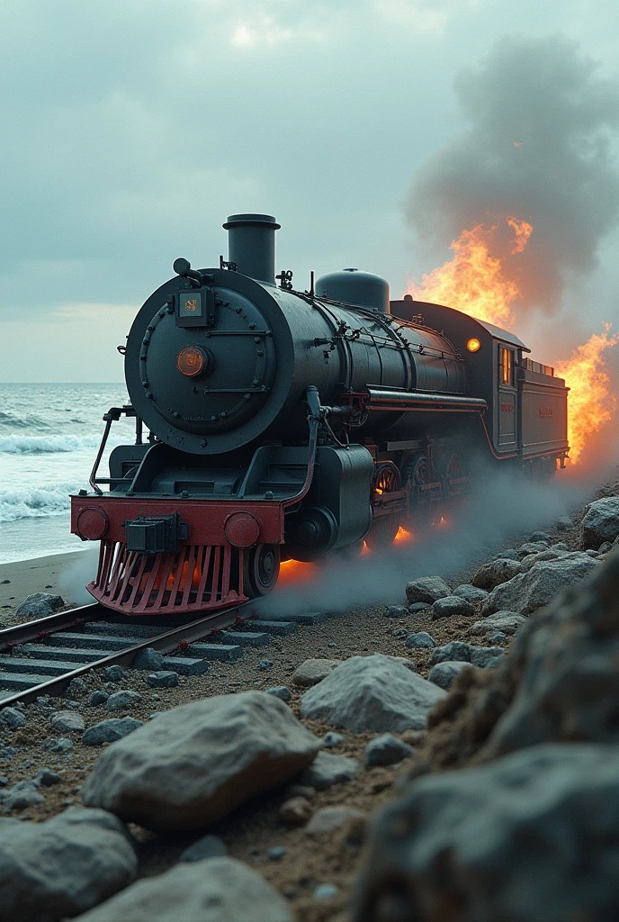 Photo realism vapor train, crashed on beach, destroyed on rocks, on fire, outdoors, soft lighting, sea in background, realistic, intricate details, cold colors