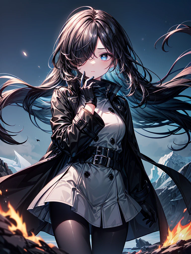 ((flame sword)),((Celestial Glacier)),((masterpiece)),((light particles)),((black micro mini length skirt),((alone)),(Serene),((Deep blue pupils)),((sparkling eyes)),(Beautiful Blue Eyes),((Wearing a black coat)),(((Wearing black tights))),(Slim body),((length, Shiny black hair)),((Her left eye is completely hidden by her bangs)),((Her hair is parted, and you can see her eyes through it)),((Wearing black gloves)),((hair over one eye,long hair)),((Hair blowing in the wind)