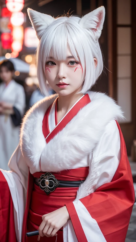 White Demon Fox、Nine-tailed Fox、Japanese women、kimono、Fair skin、Red lines on face、8K、I have short hair