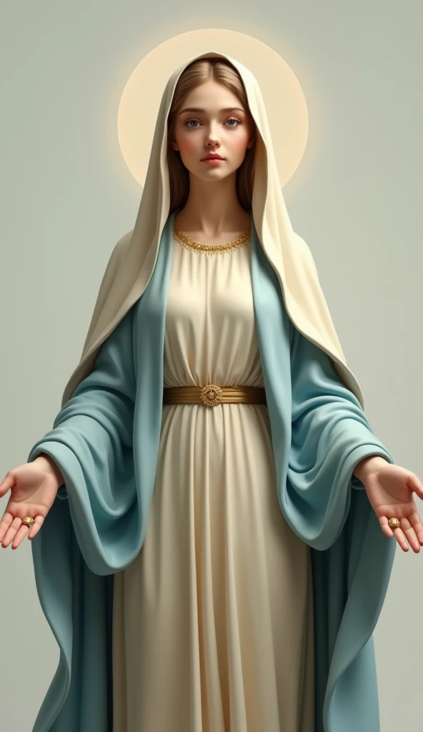 Beautiful young Virgin Mary with open arms looking down at the camera、Beige underwear、Light blue cloak and veil、A look of compassion