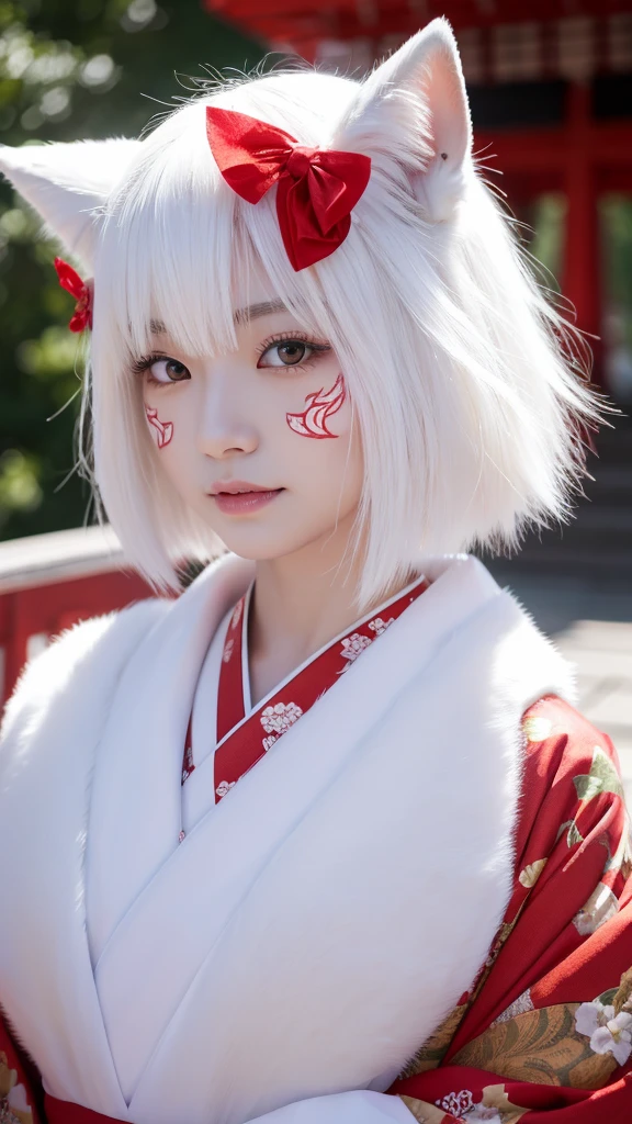 White Demon Fox、Nine-tailed Fox、Japanese women、kimono、Fair skin、Red lines on face、8K、I have short hair