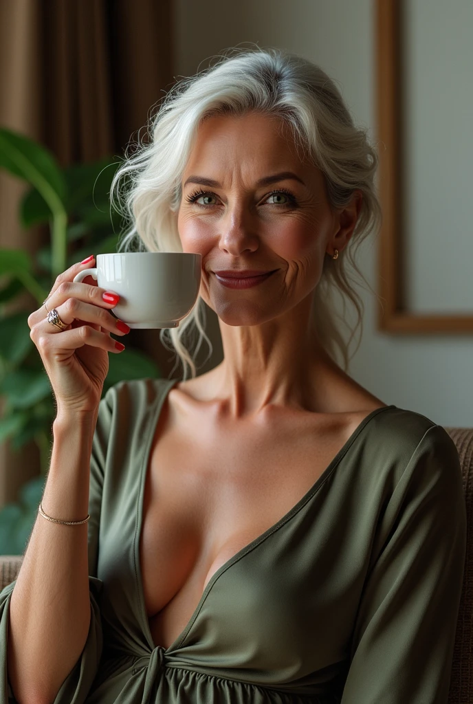 "60 year old  woman, smiling, with an elegant and striking neckline, showing big breasts, sitting comfortably while drinking coffee. fot."