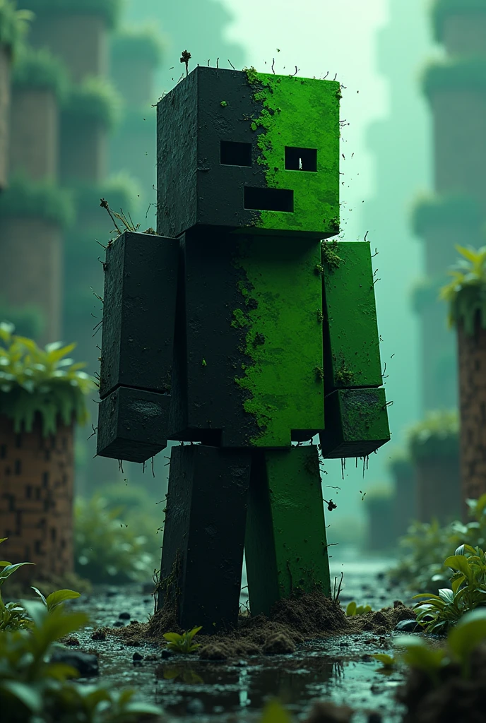 A Minecraft skin with one half black and one half green a chaotic and corrupted thing