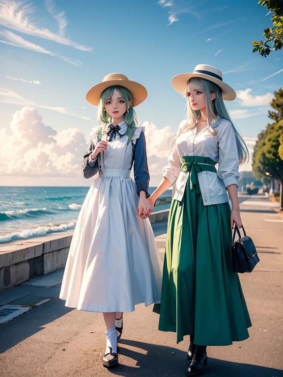 Pastel tones、High definition、Anime-like、The ocean can be seen beyond the gentle hills、High and blue sky、A shining white cumulonimbus cloud、(A half-green, silver-haired girl with a wide-brimmed white hat, a long skirt and a cardigan)With the lady(Classical maid outfit)maid、Two women walking together