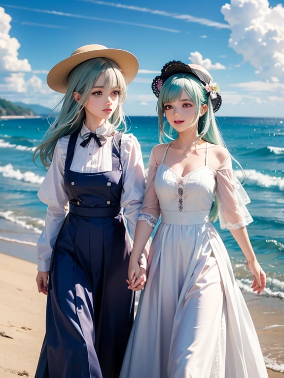 Pastel tones、High definition、Anime-like、The ocean can be seen beyond the gentle hills、High and blue sky、A shining white cumulonimbus cloud、（A half-green, silver-haired girl with a wide-brimmed white hat, a long skirt and a cardigan）With the lady（Classical maid outfit）maid、Two women walking together