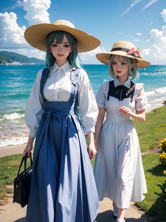 Pastel tones、High definition、Anime-like、The ocean can be seen beyond the gentle hills、High and blue sky、A shining white cumulonimbus cloud、（A half-green, silver-haired girl with a wide-brimmed white hat, a long skirt and a cardigan）With the lady（Classical maid outfit）maid、Two women walking together