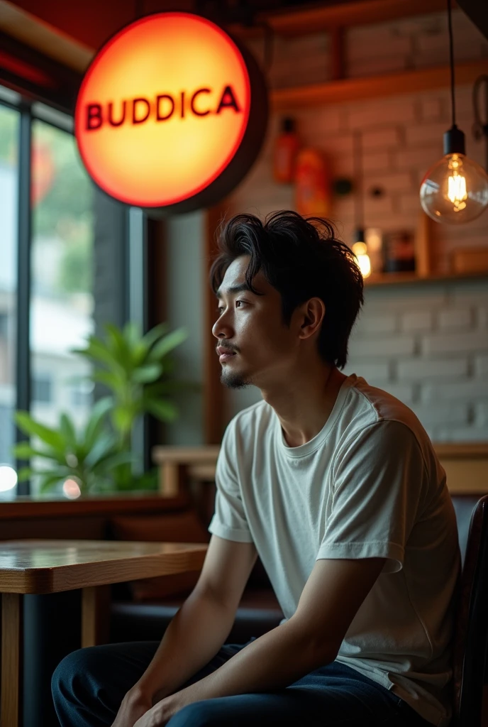 A Japanese man is sitting in a cafe,  "BUDDICA" It is written there,Look away from the viewer, T-Shirts、Full Body Shot, Cinema Lighting, Shine, 