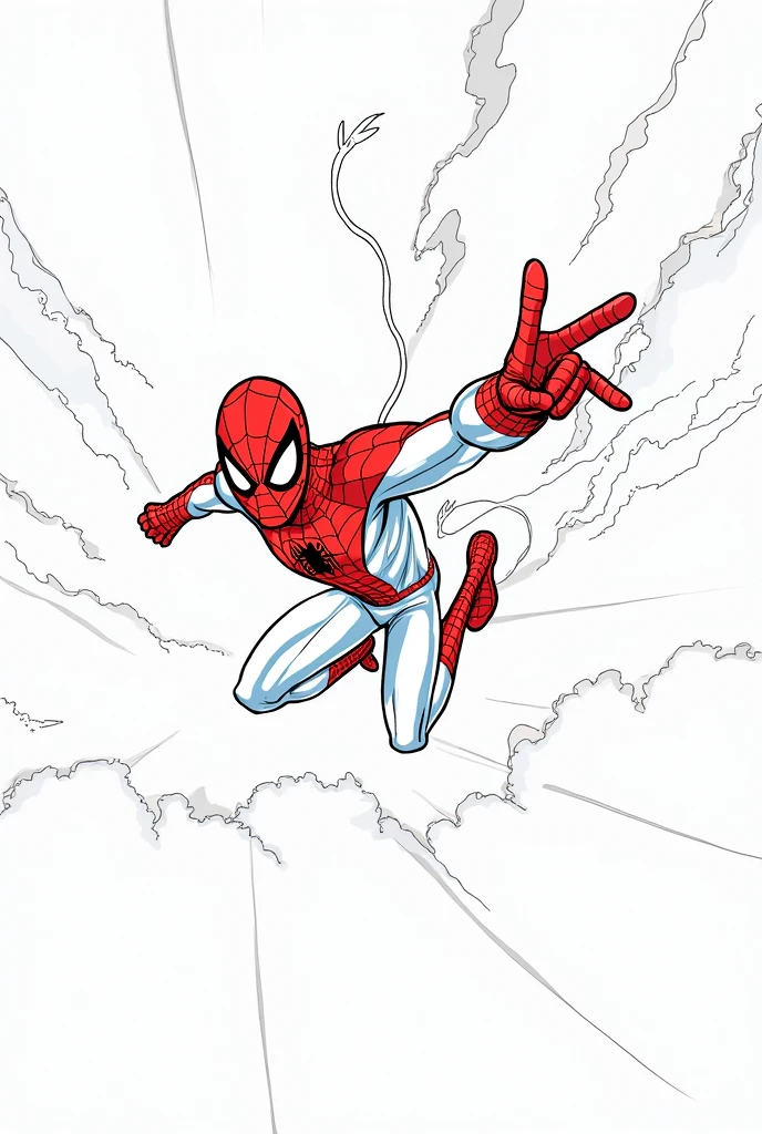 spider man falling from the sky coloring page, arms behind , eyes very close
