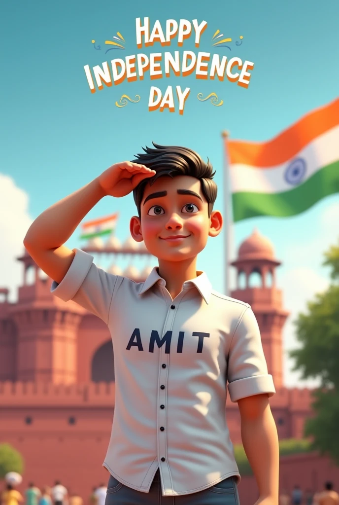 Create a 3D image of 18 years old boy is wearing White color shirt and saluting to indian flag and behind him red fort placed a hoisting flag on that, written Happy Independence Day 2024" on the sky and "AMIT" is written on his shirt with bold letters and also in overall image has the divine background like indian republic day. Everyone is celebrating. 