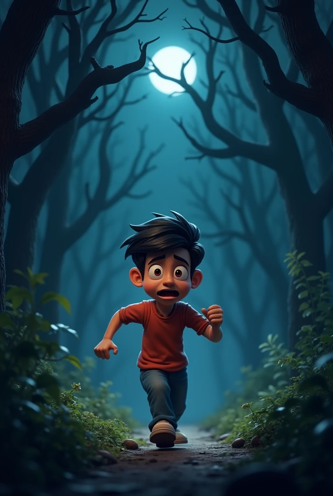 Ramesh walking  keeps looking back and panics in the  dark night forest
 3d cartoon 

