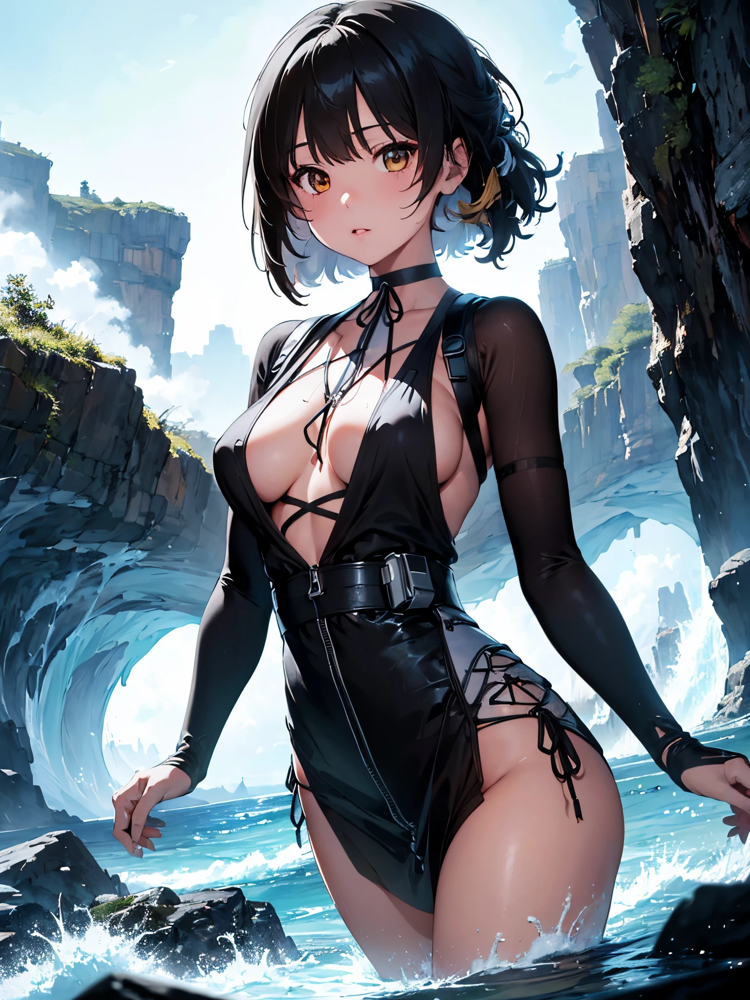 (masterpiece, ultra-detailed, high contrast, high resolution, official illustration)
Photo of the upper body of a beautiful  with small breasts. She looks like the character Female Rover from the computer game Wuthering Waves. He has black hair and golden eyes.